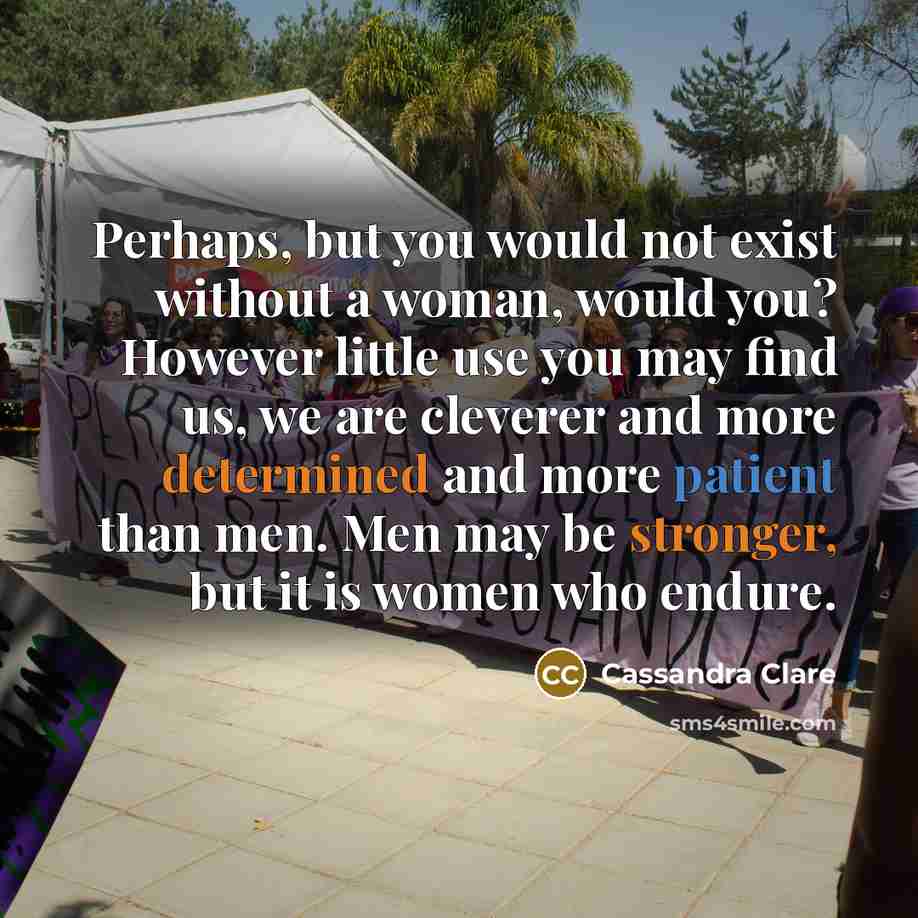 “Perhaps, but you would not exist without a woman, would you? However little use you may find us, we are cleverer and more determined and more patient than men. Men may be stronger, but it is women who endure.” quote by Cassandra Clare