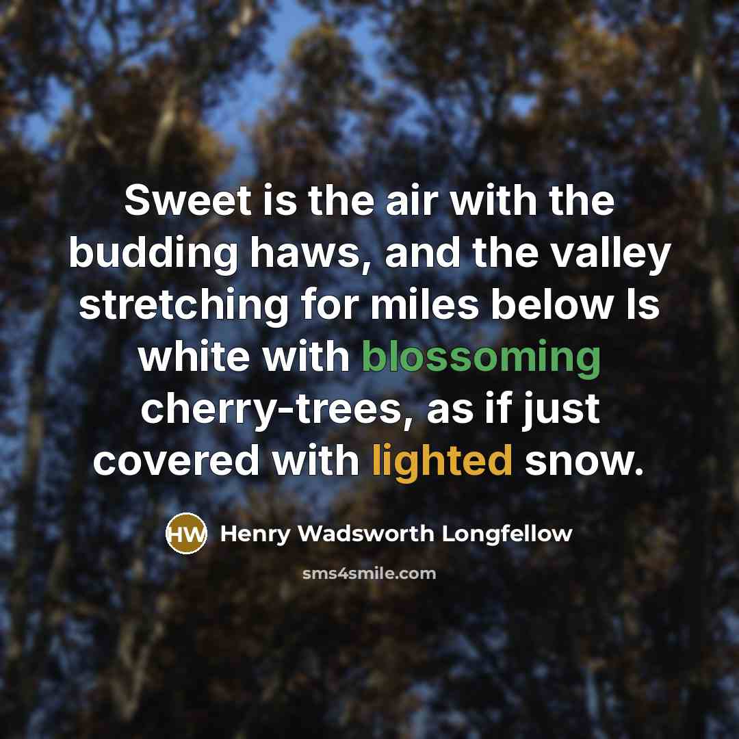 “Sweet is the air with the budding haws, and the valley stretching for miles below Is white with blossoming cherry-trees, as if just covered with lighted snow.” quote by Henry Wadsworth Longfellow