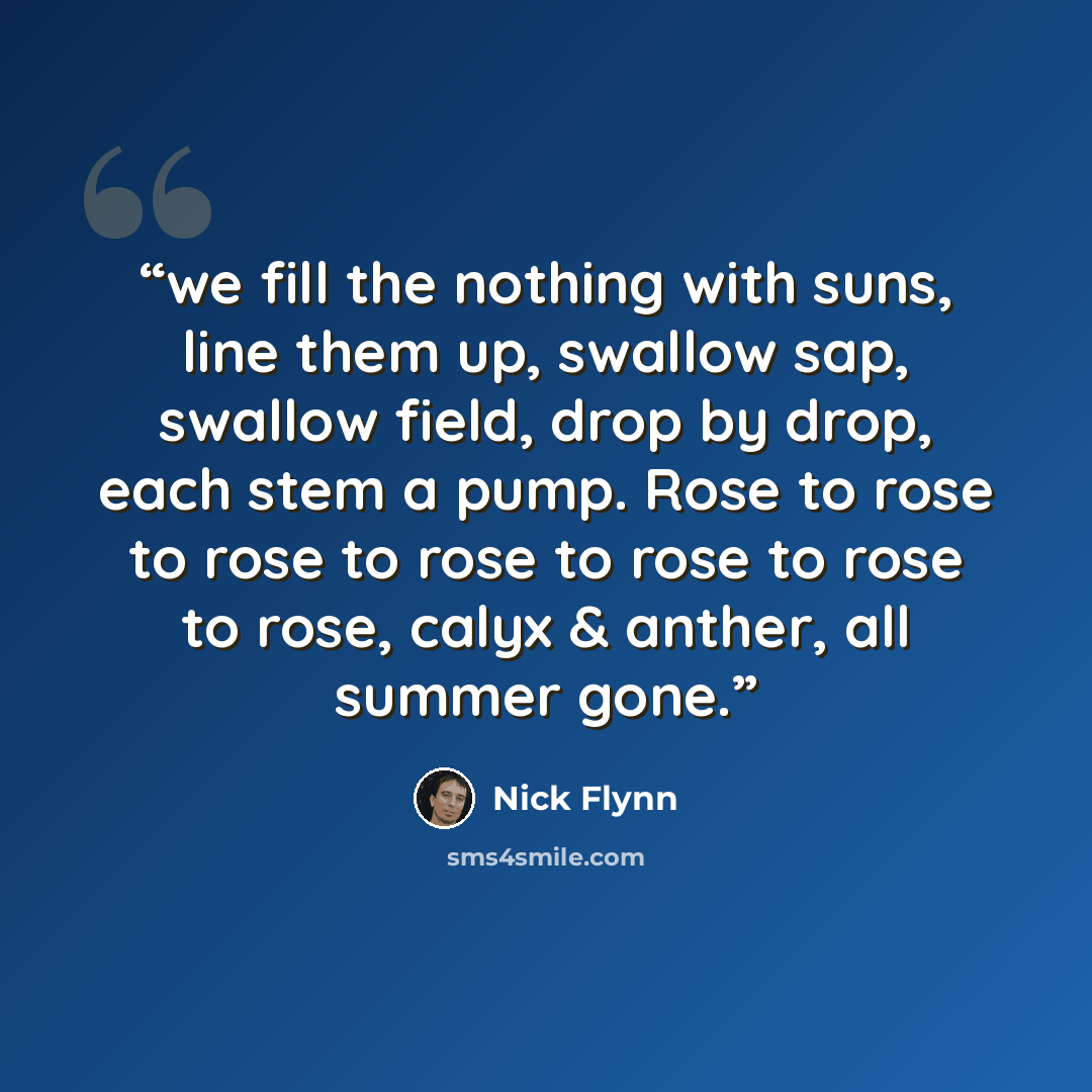 “we fill the nothing with suns, line them up, swallow sap, swallow field, drop by drop, each stem a pump. Rose to rose to rose to rose to rose to rose to rose, calyx & anther, all summer gone.” quote by Nick Flynn