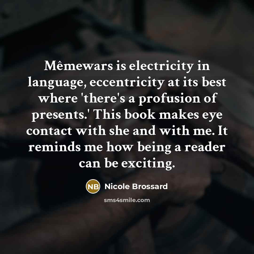 “Mêmewars is electricity in language, eccentricity at its best where 'there's a profusion of presents.' This book makes eye contact with she and with me. It reminds me how being a reader can be exciting.” quote by Nicole Brossard