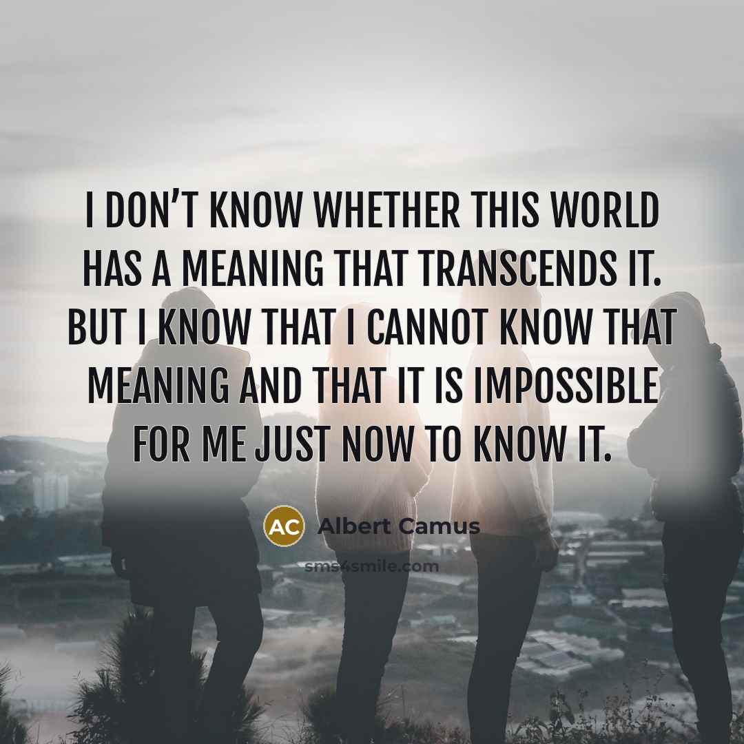 “I don’t know whether this world has a meaning that transcends it. But I know that I cannot know that meaning and that it is impossible for me just now to know it.” quote by Albert Camus