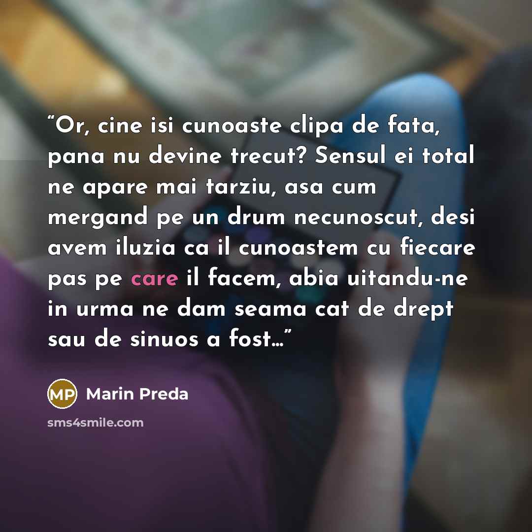 “Or, cine isi cunoaste clipa de fata, pana nu devine trecut? Sensul ei total ne apare mai tarziu, asa cum mergand pe un drum necunoscut, desi avem iluzia ca il cunoastem cu fiecare pas pe care il facem, abia uitandu-ne in urma ne dam seama cat de drept sau de sinuos a fost...” quote by Marin Preda