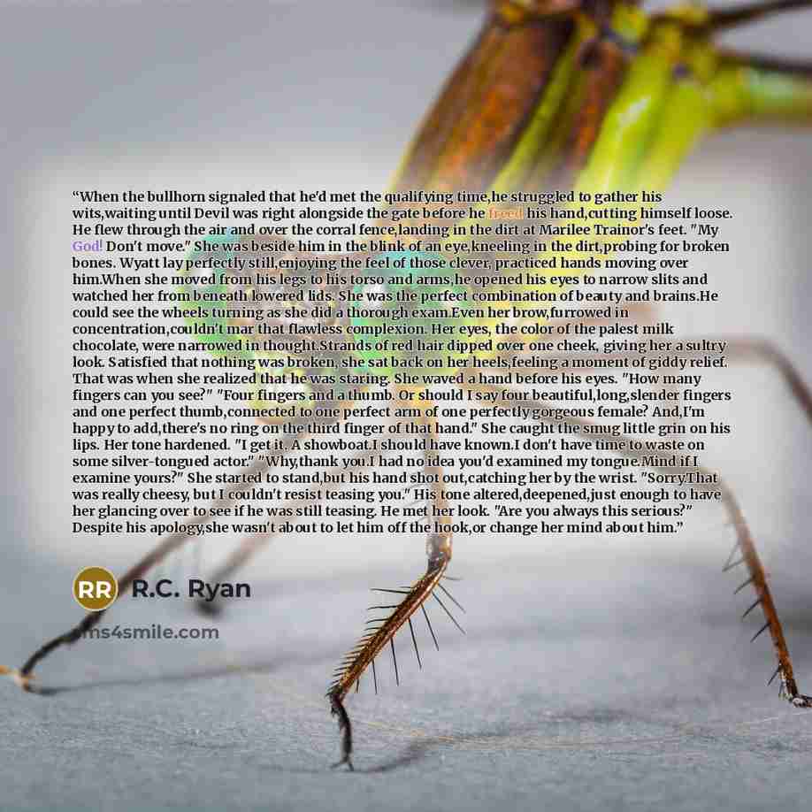 “When the bullhorn signaled that he'd met the qualifying time,he struggled to gather his wits,waiting until Devil was right alongside the gate before he freed his hand,cutting himself loose. He flew through the air and over the corral fence,landing in the dirt at Marilee Trainor's feet. "My God!…” quote by R.C. Ryan
