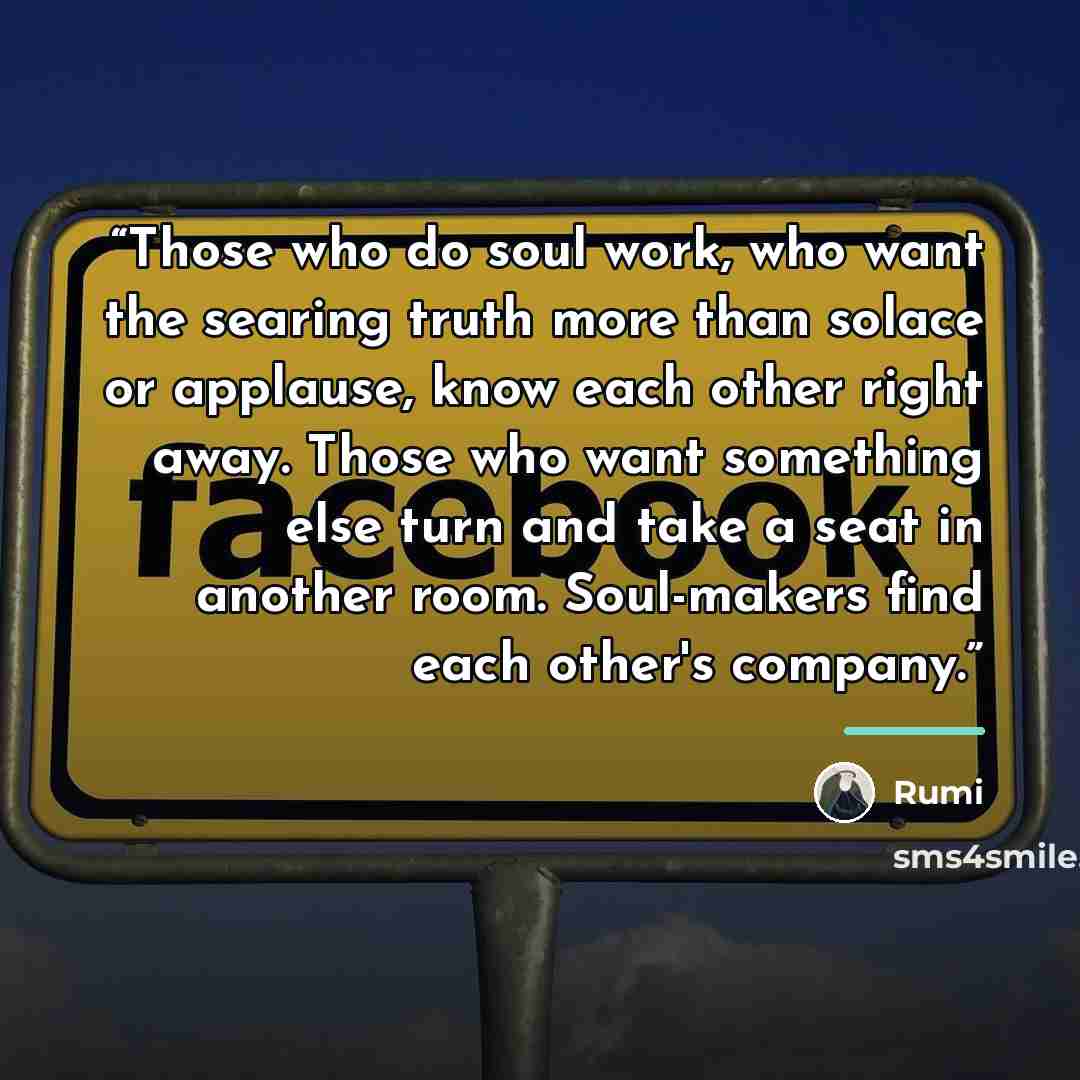 “Those who do soul work, who want the searing truth more than solace or applause, know each other right away. Those who want something else turn and take a seat in another room. Soul-makers find each other's company.” quote by Rumi