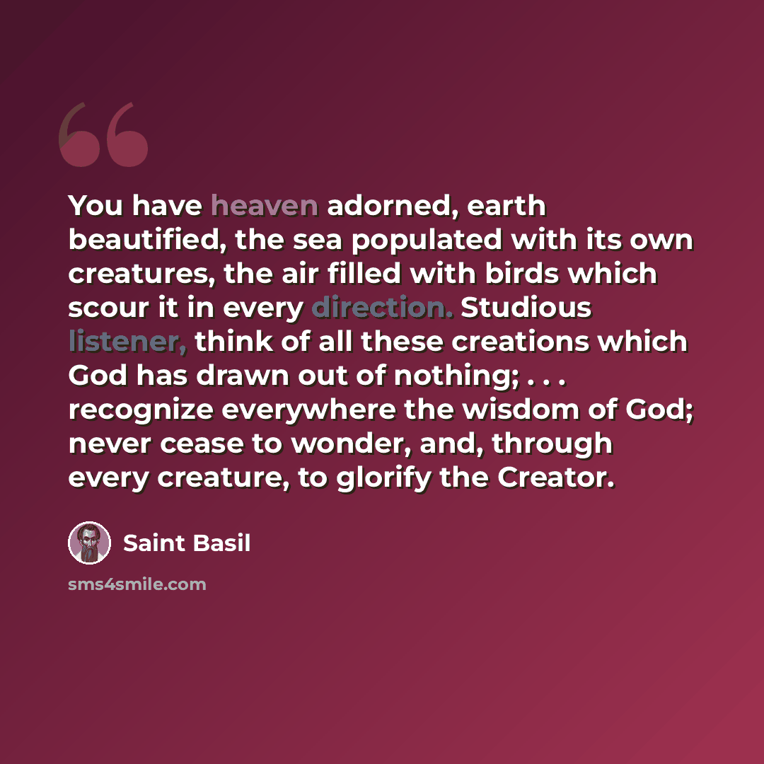 “You have heaven adorned, earth beautified, the sea populated with its own creatures, the air filled with birds which scour it in every direction. Studious listener, think of all these creations which God has drawn out of nothing; . . . recognize everywhere the wisdom of God; never cease to wonder…” quote by Saint Basil