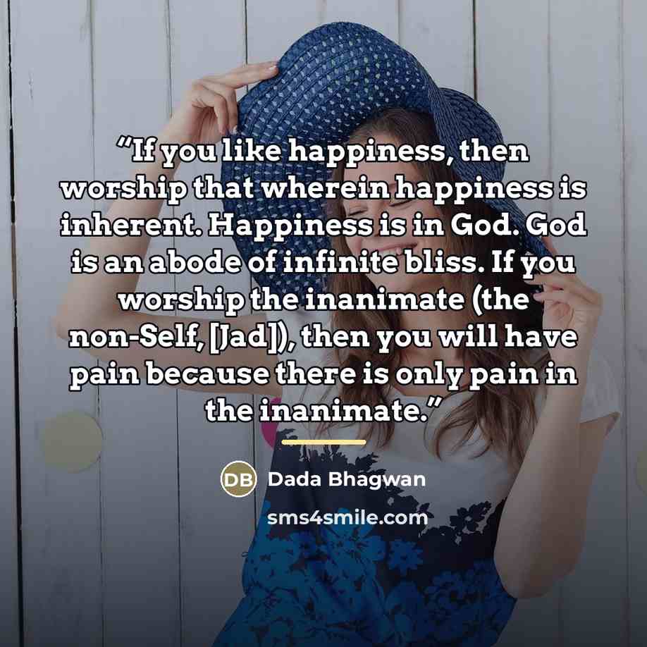 “If you like happiness, then worship that wherein happiness is inherent. Happiness is in God. God is an abode of infinite bliss. If you worship the inanimate (the non-Self, [Jad]), then you will have pain because there is only pain in the inanimate.” quote by Dada Bhagwan