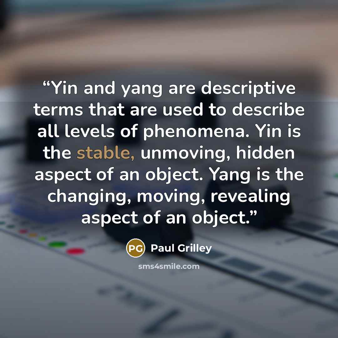 “Yin and yang are descriptive terms that are used to describe all levels of phenomena. Yin is the stable, unmoving, hidden aspect of an object. Yang is the changing, moving, revealing aspect of an object.” quote by Paul Grilley