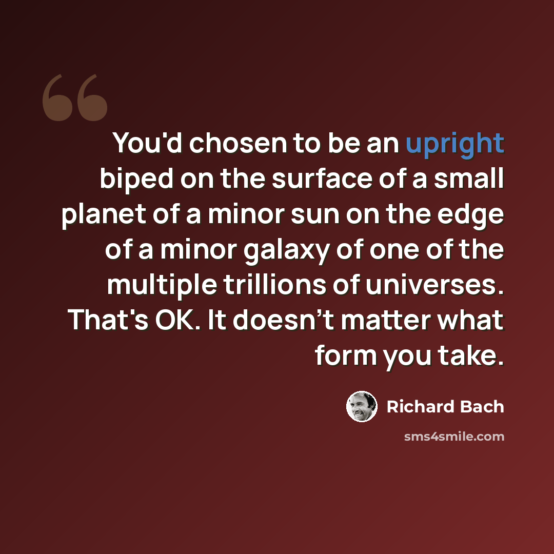 “You'd chosen to be an upright biped on the surface of a small planet of a minor sun on the edge of a minor galaxy of one of the multiple trillions of universes. That's OK. It doesn't matter what form you take.” quote by Richard Bach