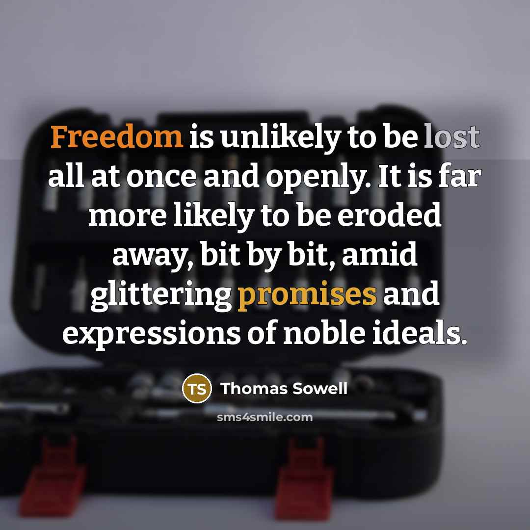 “Freedom is unlikely to be lost all at once and openly. It is far more likely to be eroded away, bit by bit, amid glittering promises and expressions of noble ideals.” quote by Thomas Sowell