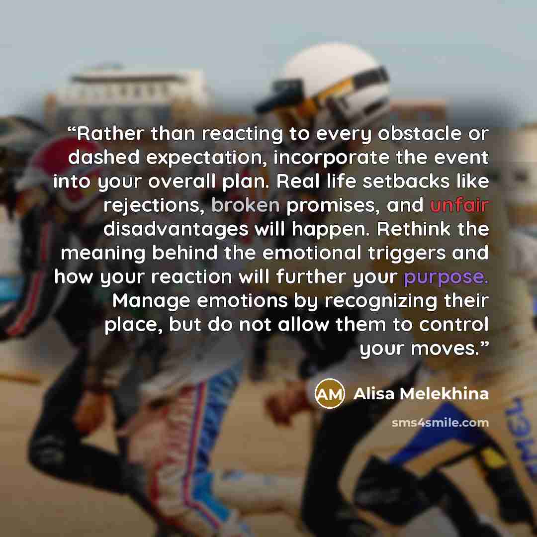 “Rather than reacting to every obstacle or dashed expectation, incorporate the event into your overall plan. Real life setbacks like rejections, broken promises, and unfair disadvantages will happen. Rethink the meaning behind the emotional triggers and how your reaction will further your purpose…” quote by Alisa Melekhina