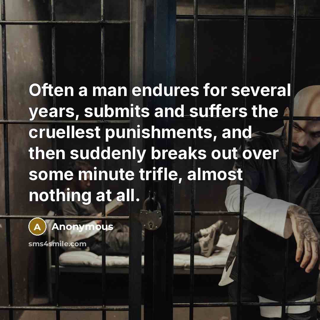 “Often a man endures for several years, submits and suffers the cruellest punishments, and then suddenly breaks out over some minute trifle, almost nothing at all.” quote by Anonymous
