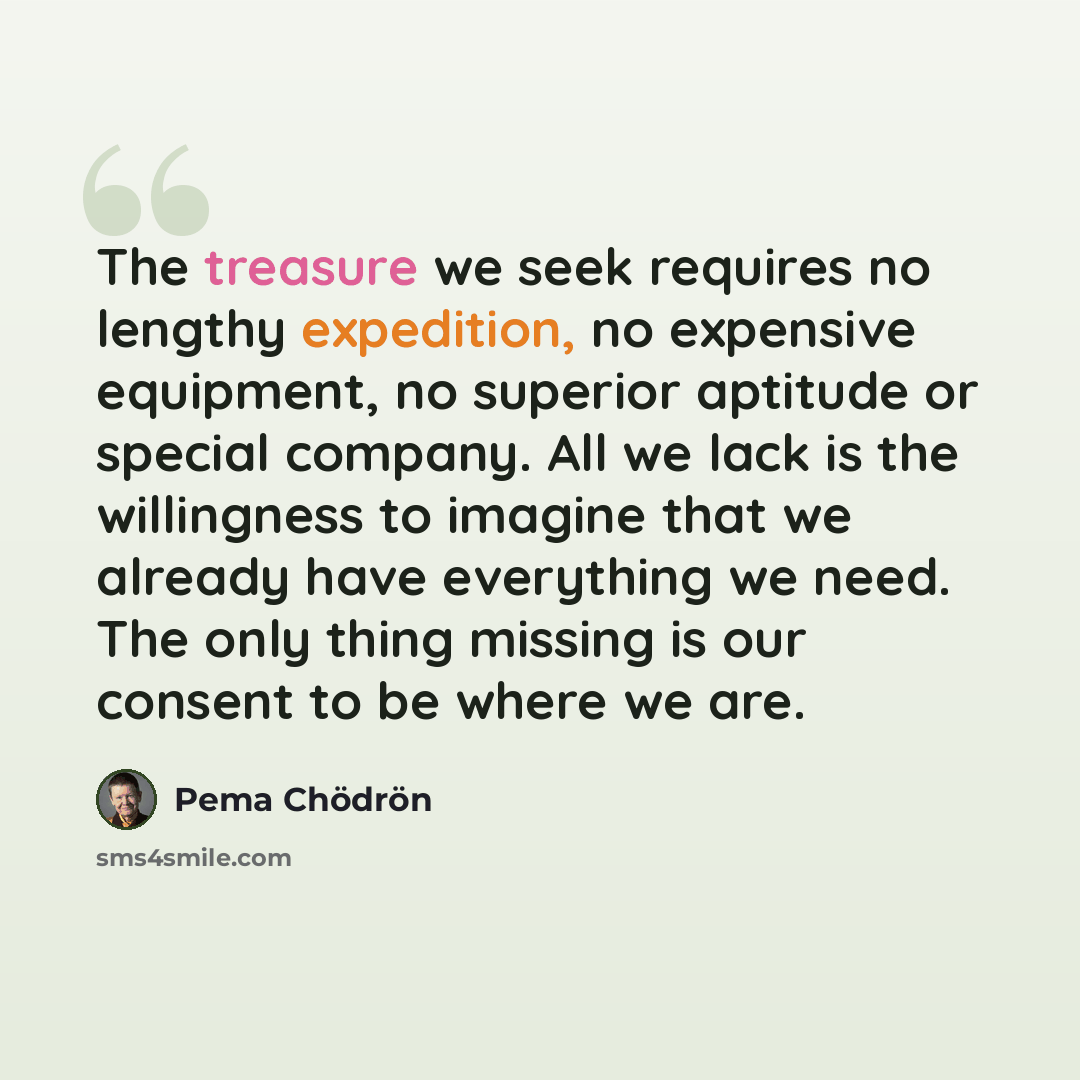 “The treasure we seek requires no lengthy expedition, no expensive equipment, no superior aptitude or special company. All we lack is the willingness to imagine that we already have everything we need. The only thing missing is our consent to be where we are.” quote by Pema Chodron