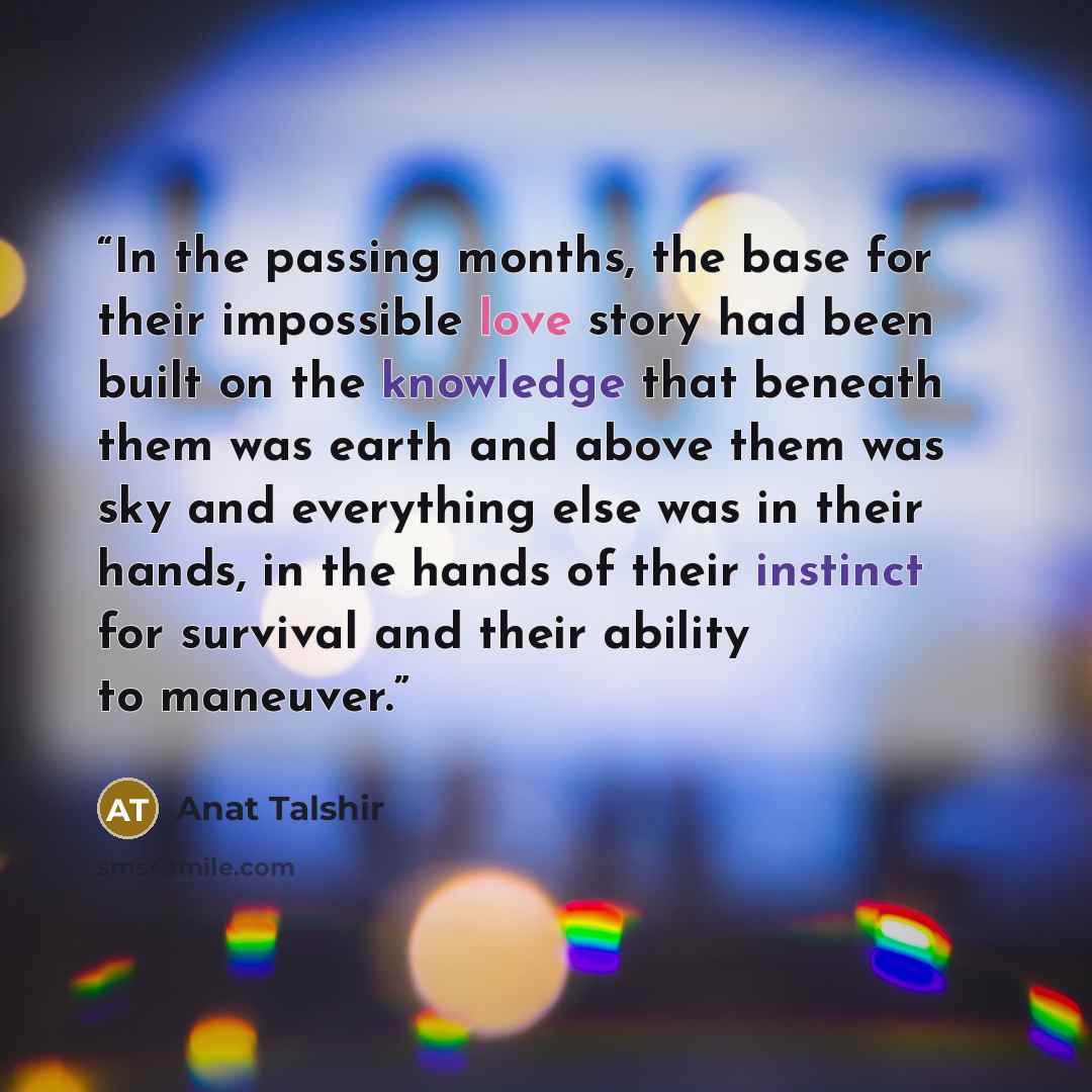“In the passing months, the base for their impossible love story had been built on the knowledge that beneath them was earth and above them was sky and everything else was in their hands, in the hands of their instinct for survival and their ability to maneuver.” quote by Anat Talshir