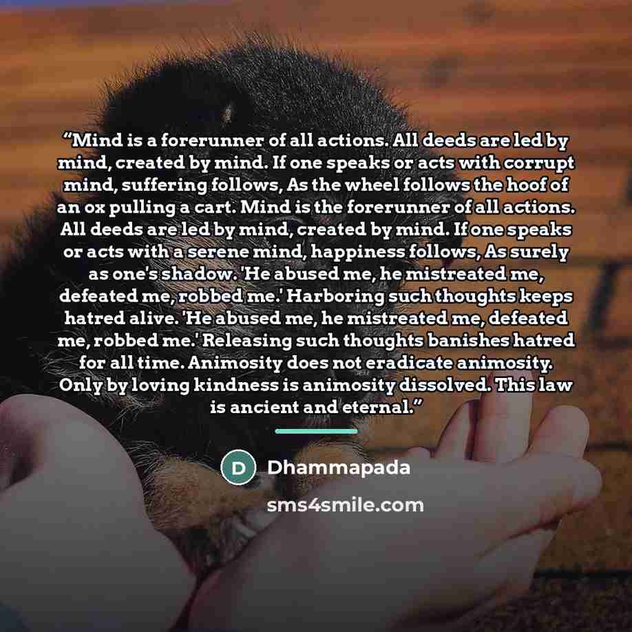 “Mind is a forerunner of all actions. All deeds are led by mind, created by mind. If one speaks or acts with corrupt mind, suffering follows, As the wheel follows the hoof of an ox pulling a cart. Mind is the forerunner of all actions. All deeds are led by mind, created by mind. If one speaks or…” quote by Dhammapada
