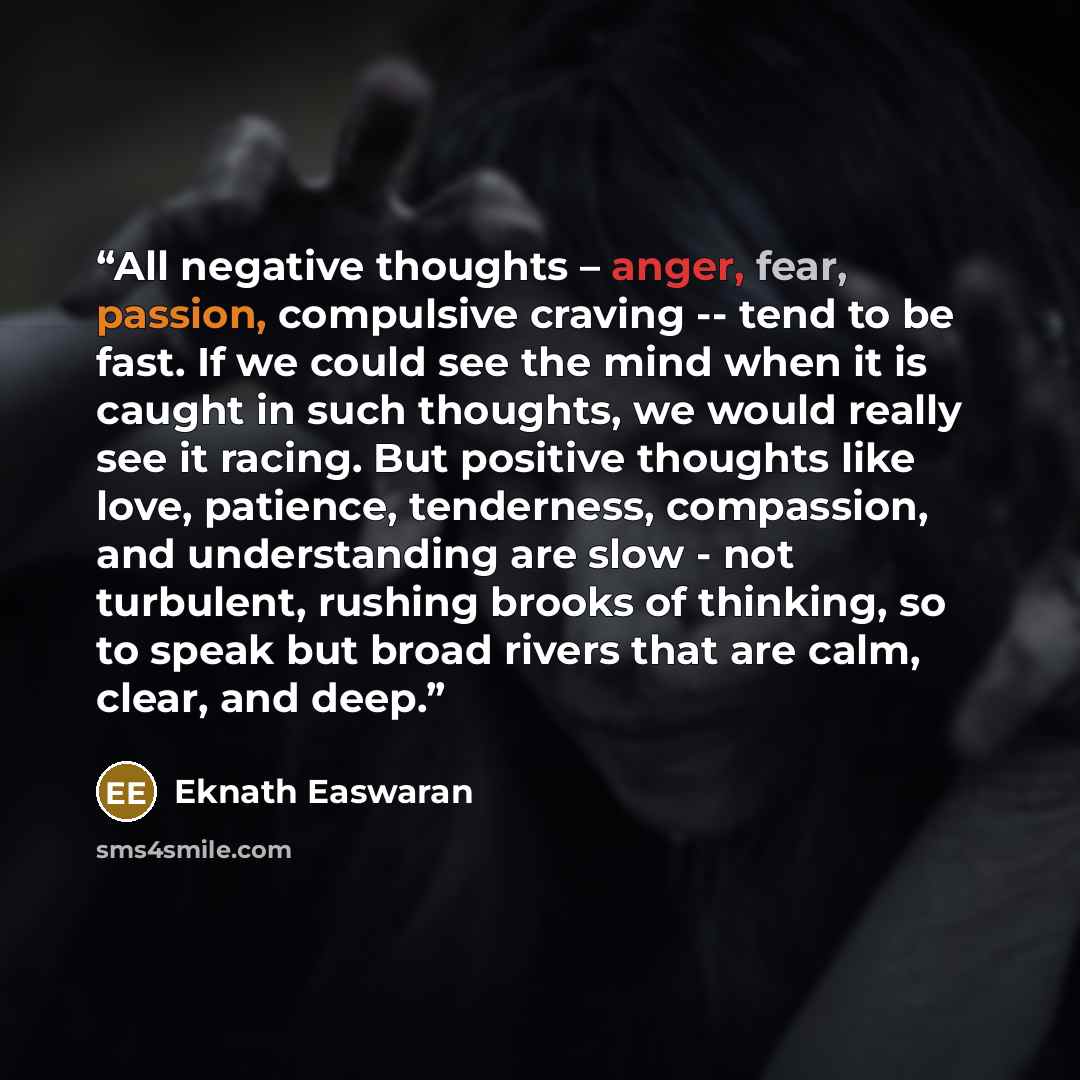 “All negative thoughts – anger, fear, passion, compulsive craving -- tend to be fast. If we could see the mind when it is caught in such thoughts, we would really see it racing. But positive thoughts like love, patience, tenderness, compassion, and understanding are slow - not turbulent, rushing…” quote by Eknath Easwaran