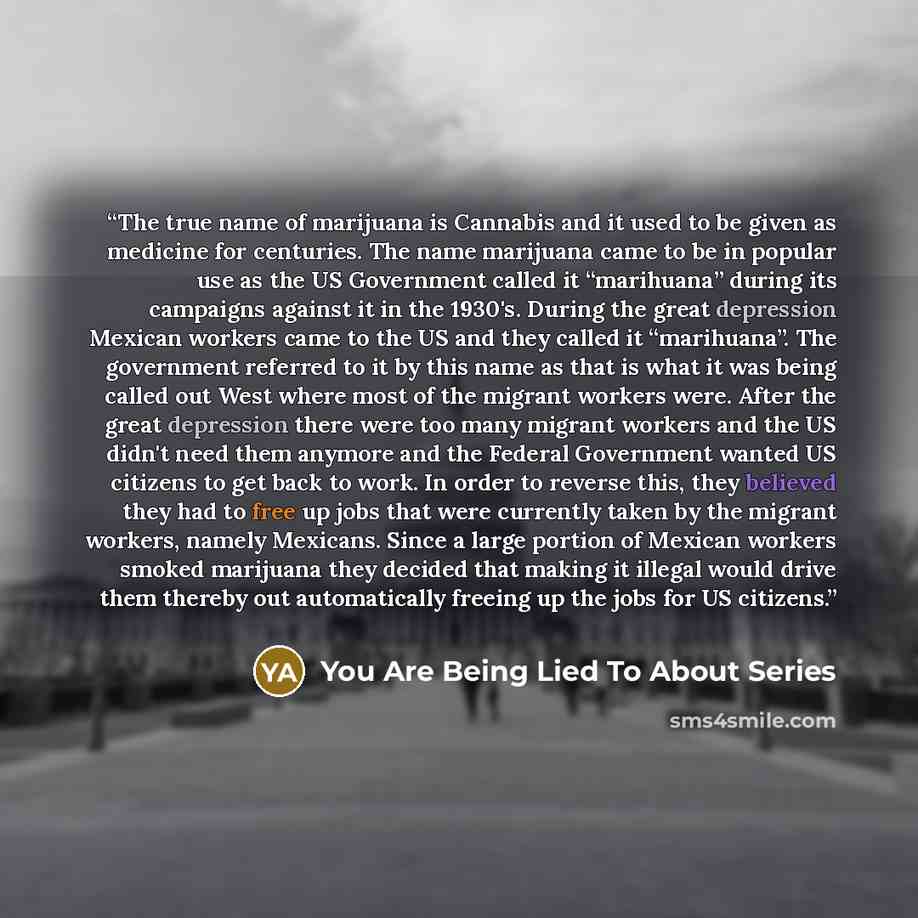 “The true name of marijuana is Cannabis and it used to be given as medicine for centuries. The name marijuana came to be in popular use as the US Government called it “marihuana” during its campaigns against it in the 1930's. During the great depression Mexican workers came to the US and they…” quote by You Are Being Lied To About Series