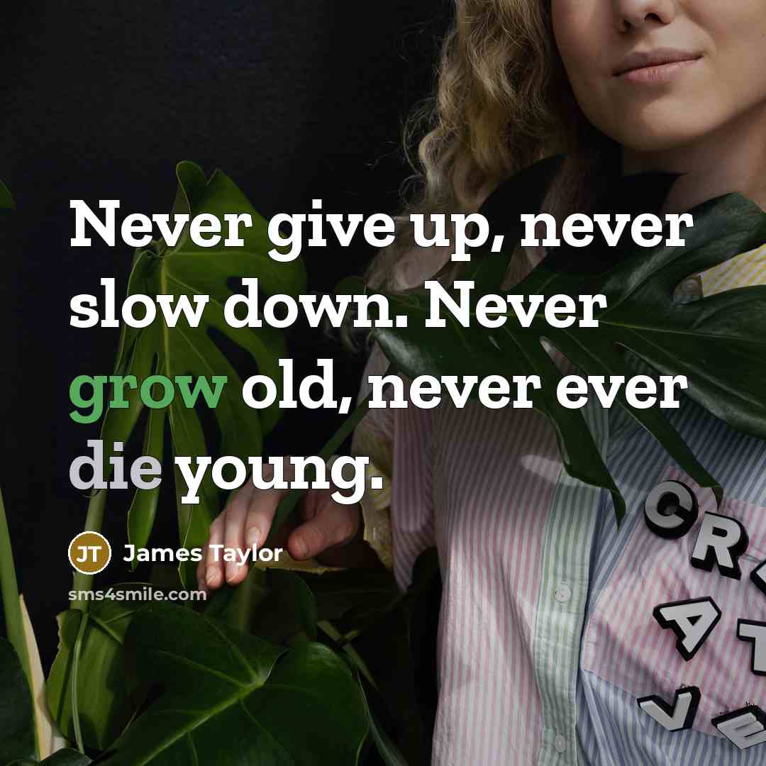 “Never give up, never slow down. Never grow old, never ever die young.” quote by James Taylor