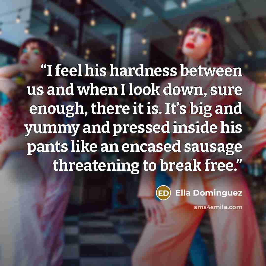 “I feel his hardness between us and when I look down, sure enough, there it is. It’s big and yummy and pressed inside his pants like an encased sausage threatening to break free.” quote by Ella Dominguez