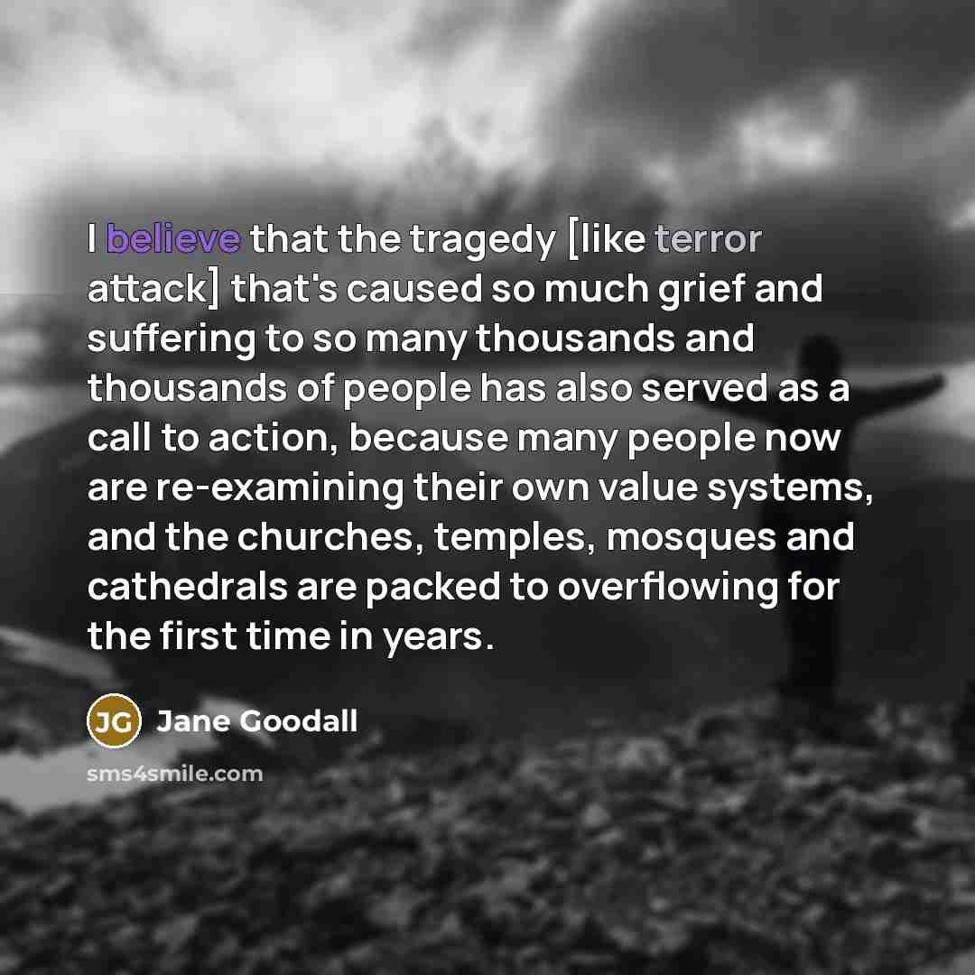 “I believe that the tragedy [like terror attack] that's caused so much grief and suffering to so many thousands and thousands of people has also served as a call to action, because many people now are re-examining their own value systems, and the churches, temples, mosques and cathedrals are packed…” quote by Jane Goodall