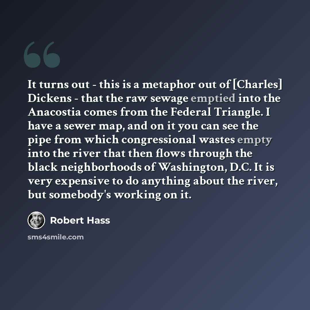 “It turns out - this is a metaphor out of [Charles] Dickens - that the raw sewage emptied into the Anacostia comes from the Federal Triangle. I have a sewer map, and on it you can see the pipe from which congressional wastes empty into the river that then flows through the black neighborhoods of…” quote by Robert Hass