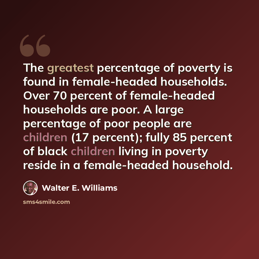 “The greatest percentage of poverty is found in female-headed households. Over 70 percent of female-headed households are poor. A large percentage of poor people are children (17 percent); fully 85 percent of black children living in poverty reside in a female-headed household.” quote by Walter E. Williams