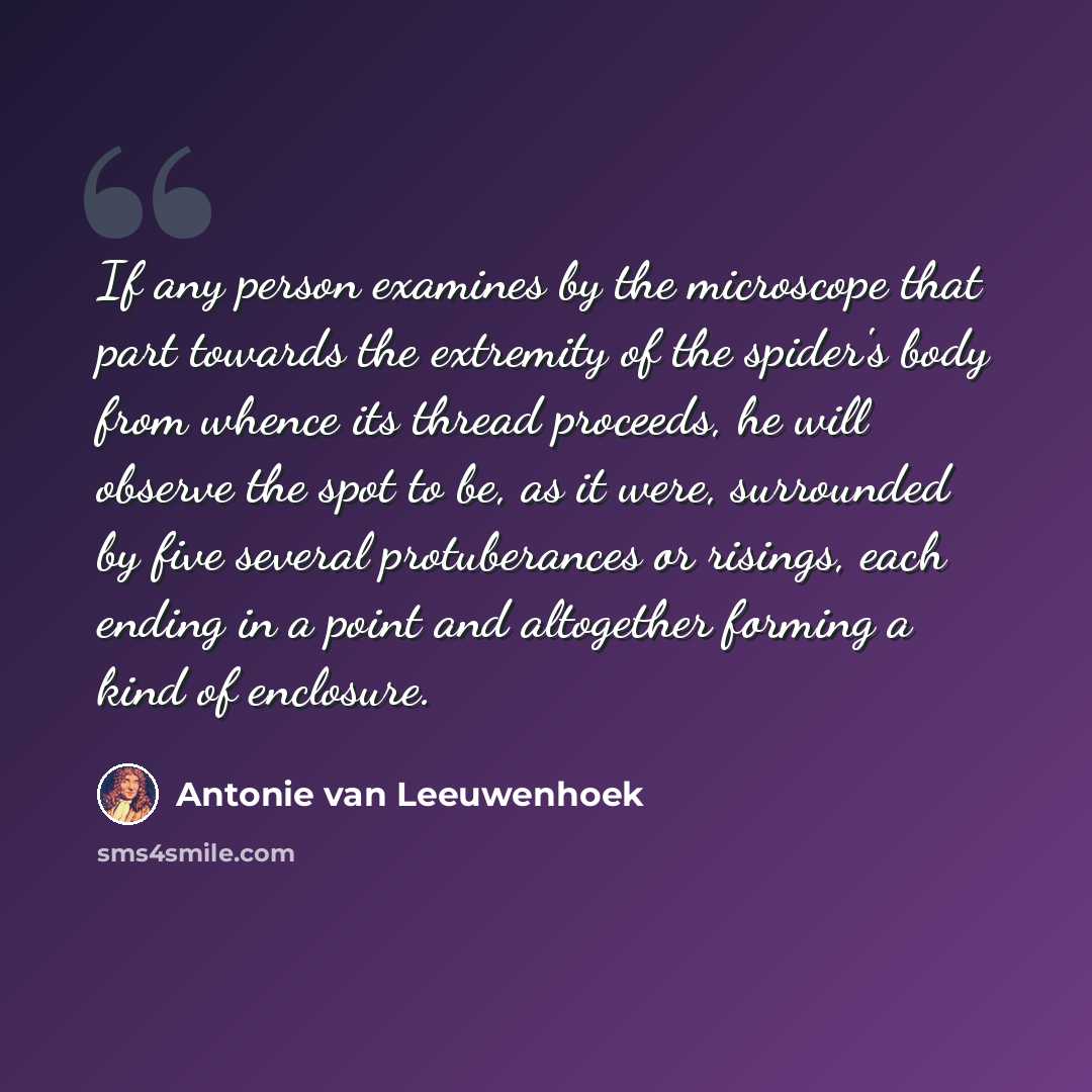 “If any person examines by the microscope that part towards the extremity of the spider's body from whence its thread proceeds, he will observe the spot to be, as it were, surrounded by five several protuberances or risings, each ending in a point and altogether forming a kind of enclosure.” quote by Antonie van Leeuwenhoek