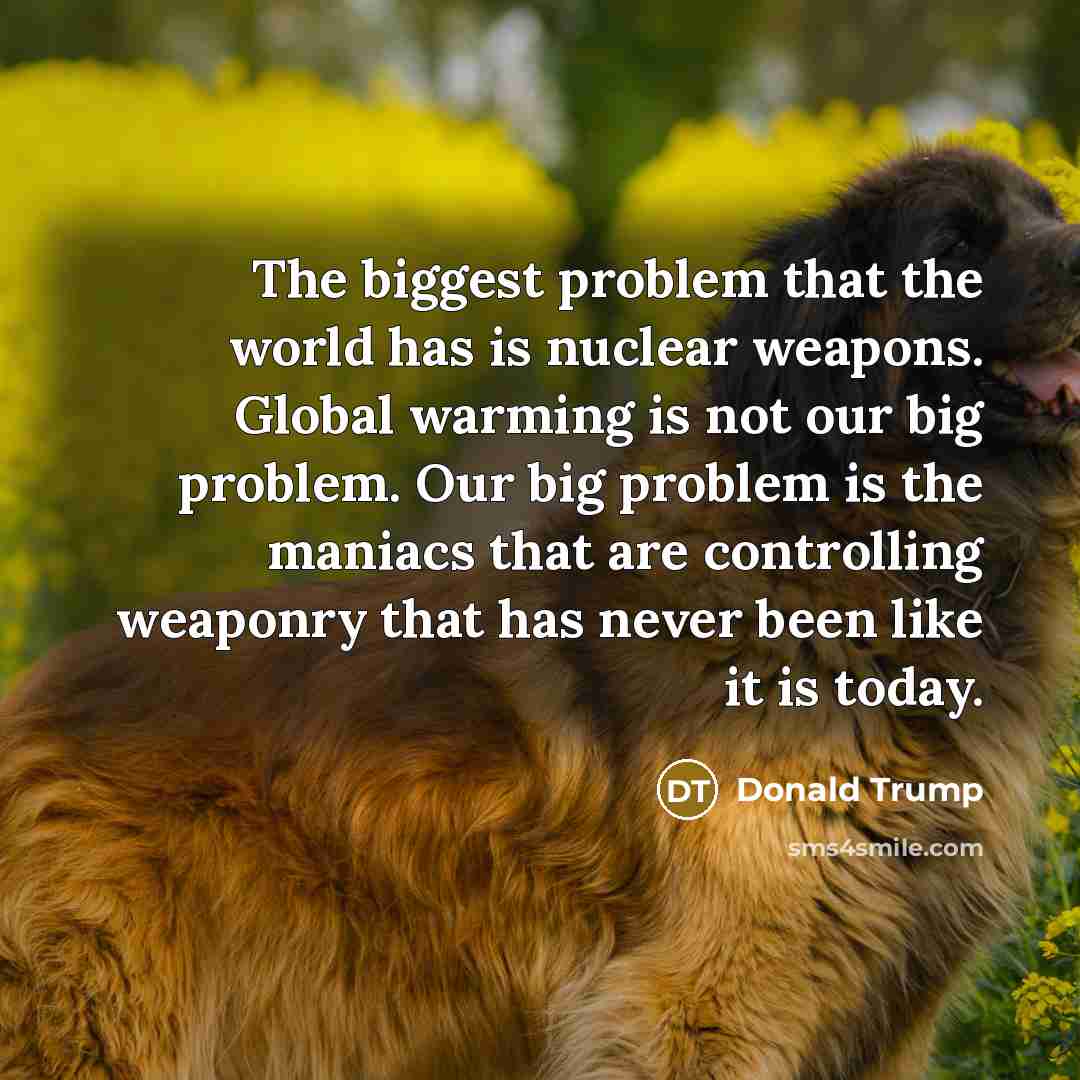 “The biggest problem that the world has is nuclear weapons. Global warming is not our big problem. Our big problem is the maniacs that are controlling weaponry that has never been like it is today.” quote by Donald Trump