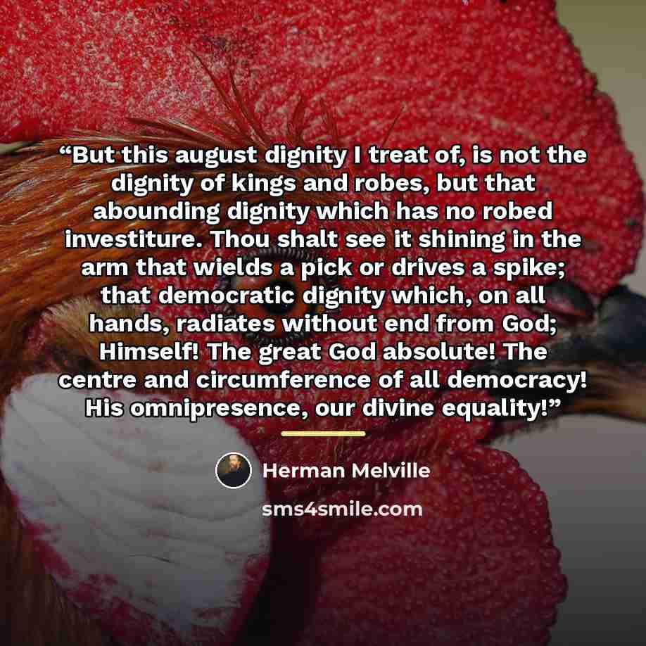 “But this august dignity I treat of, is not the dignity of kings and robes, but that abounding dignity which has no robed investiture. Thou shalt see it shining in the arm that wields a pick or drives a spike; that democratic dignity which, on all hands, radiates without end from God; Himself! The…” quote by Herman Melville