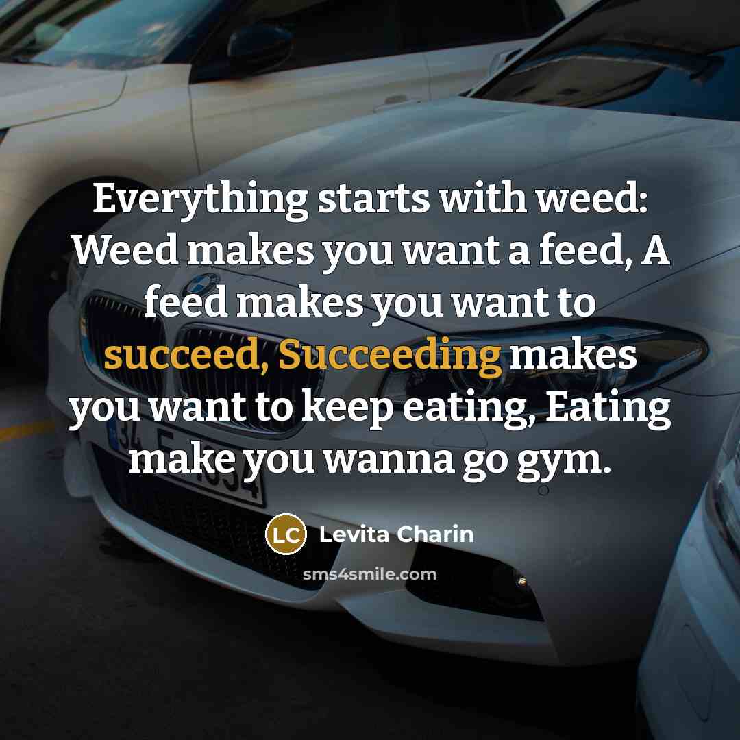 “Everything starts with weed: Weed makes you want a feed, A feed makes you want to succeed, Succeeding makes you want to keep eating, Eating make you wanna go gym.” quote by Levita Charin