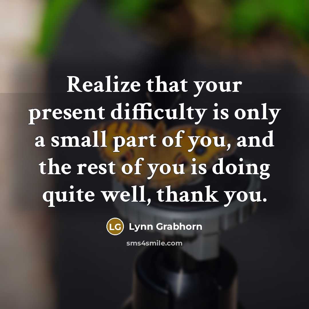 “Realize that your present difficulty is only a small part of you, and the rest of you is doing quite well, thank you.” quote by Lynn Grabhorn
