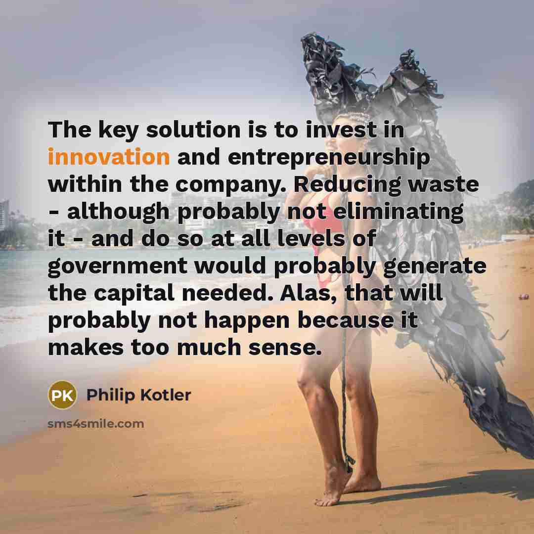“The key solution is to invest in innovation and entrepreneurship within the company. Reducing waste - although probably not eliminating it - and do so at all levels of government would probably generate the capital needed. Alas, that will probably not happen because it makes too much sense.” quote by Philip Kotler