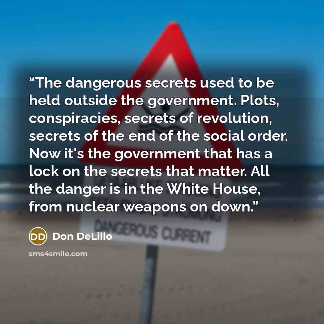 “The dangerous secrets used to be held outside the government. Plots, conspiracies, secrets of revolution, secrets of the end of the social order. Now it's the government that has a lock on the secrets that matter. All the danger is in the White House, from nuclear weapons on down.” quote by Don DeLillo