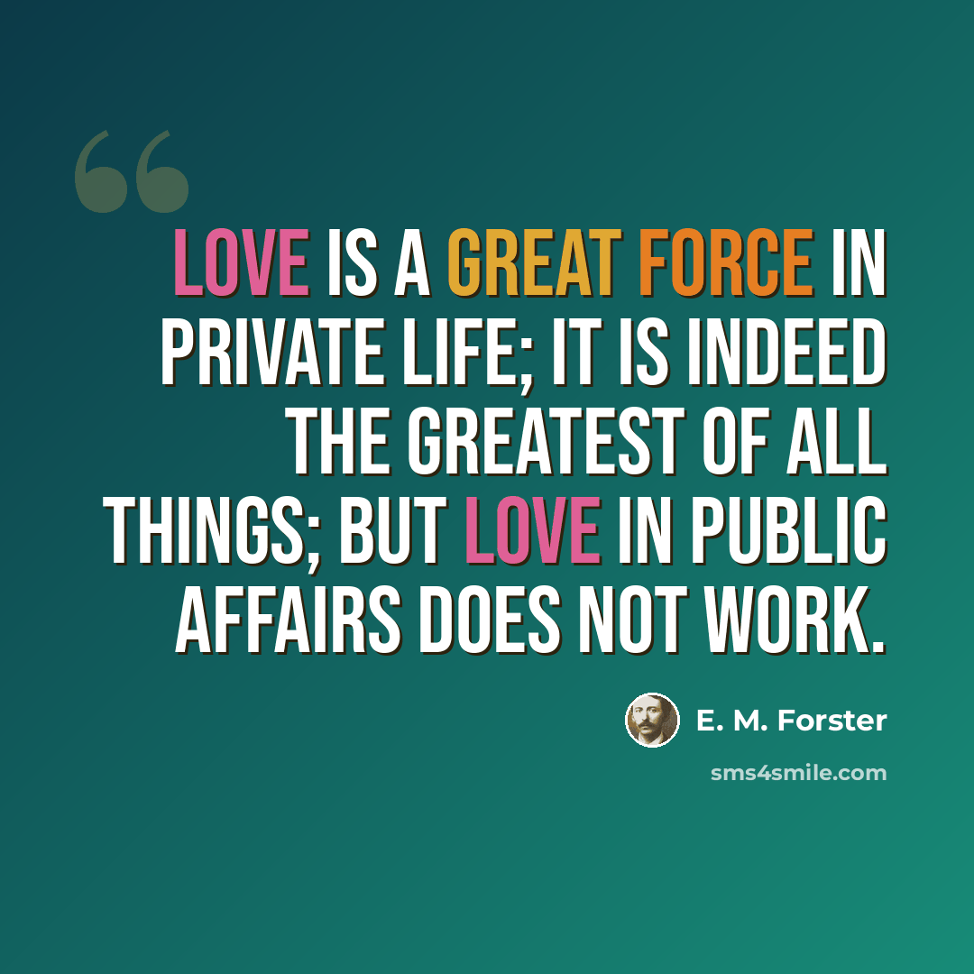 “Love is a great force in private life; it is indeed the greatest of all things; but love in public affairs does not work.” quote by E. M. Forster