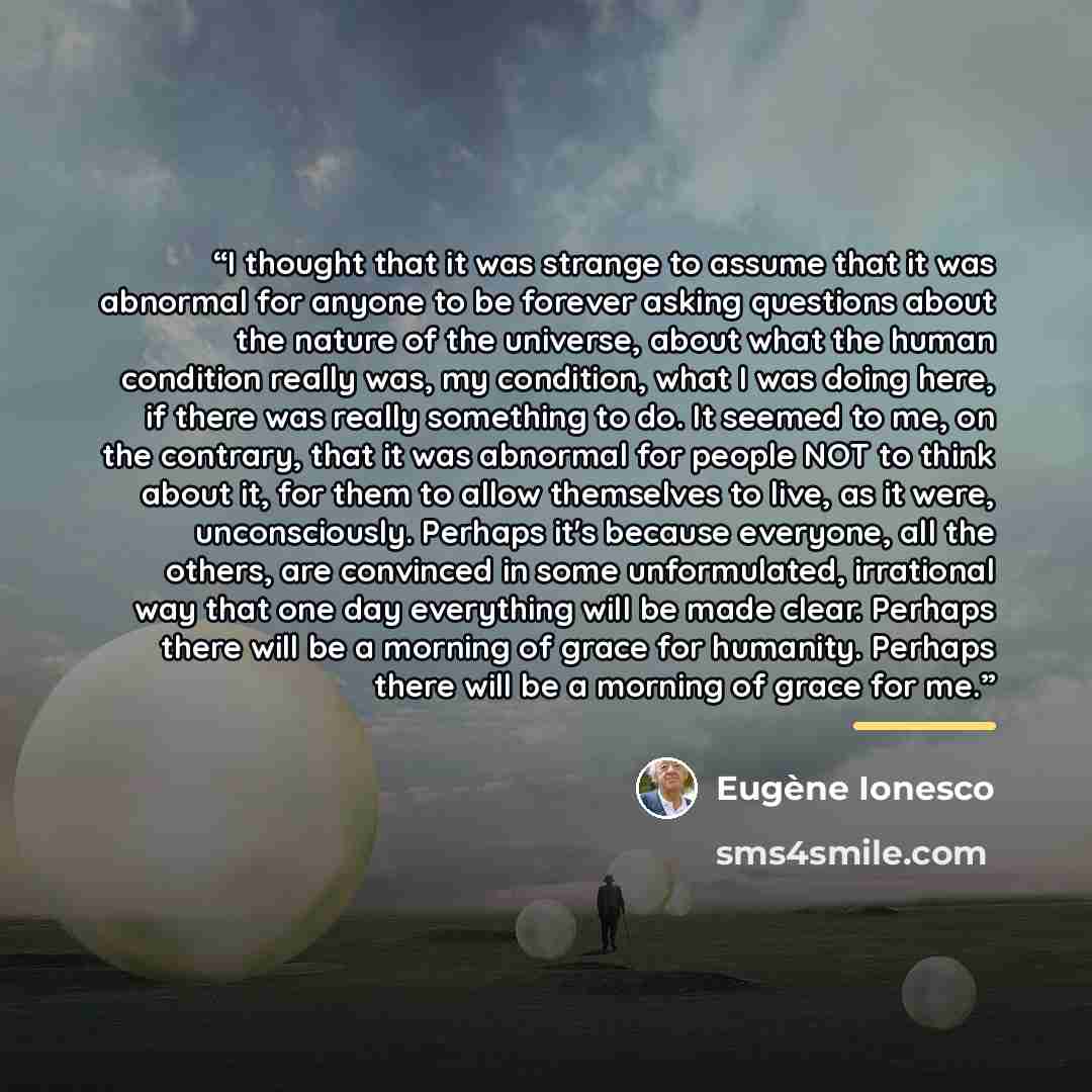 “I thought that it was strange to assume that it was abnormal for anyone to be forever asking questions about the nature of the universe, about what the human condition really was, my condition, what I was doing here, if there was really something to do. It seemed to me, on the contrary, that it…” quote by Eugène Ionesco