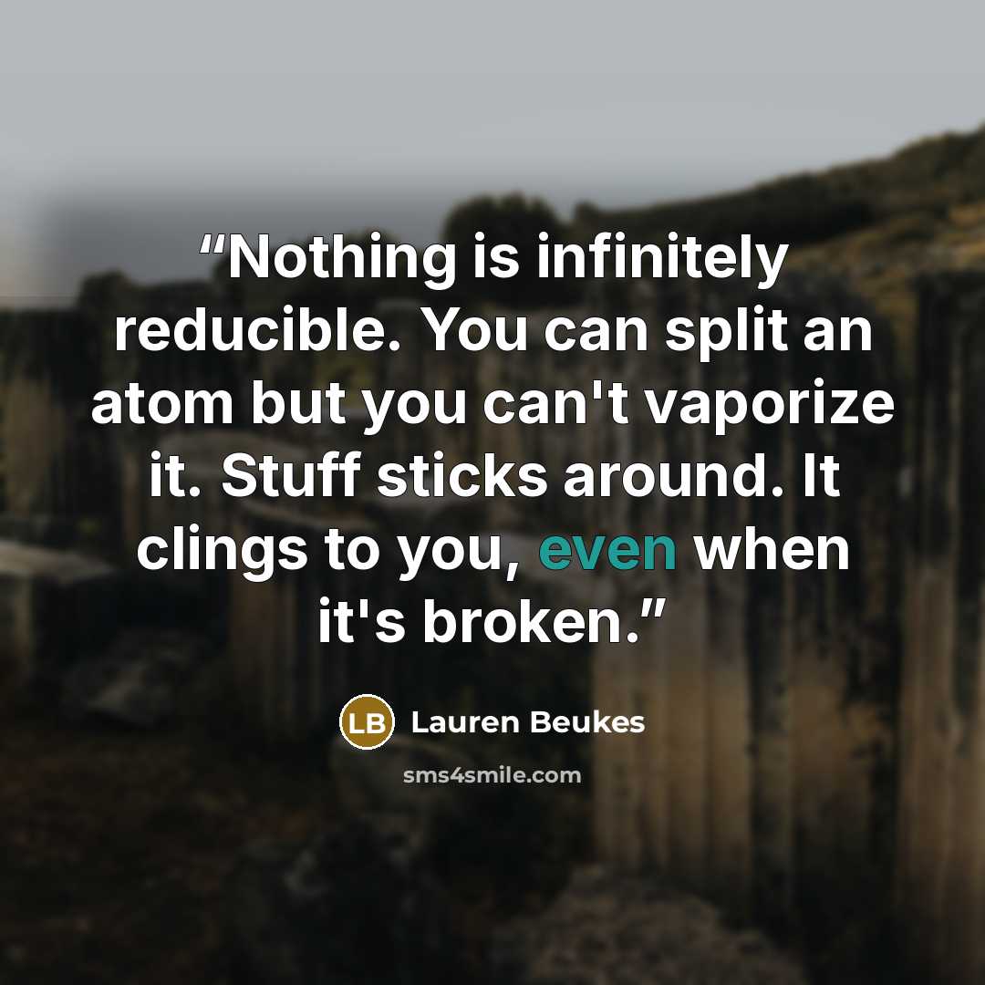 “Nothing is infinitely reducible. You can split an atom but you can't vaporize it. Stuff sticks around. It clings to you, even when it's broken.” quote by Lauren Beukes