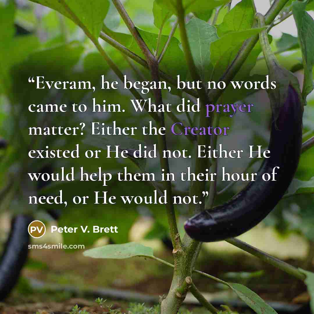 “Everam, he began, but no words came to him. What did prayer matter? Either the Creator existed or He did not. Either He would help them in their hour of need, or He would not.” quote by Peter V. Brett