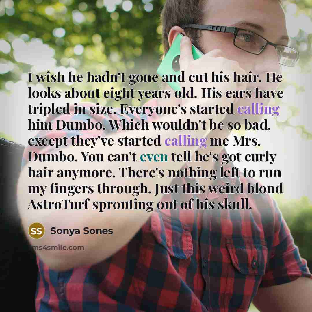 “I wish he hadn't gone and cut his hair. He looks about eight years old. His ears have tripled in size. Everyone's started calling him Dumbo. Which wouldn't be so bad, except they've started calling me Mrs. Dumbo. You can't even tell he's got curly hair anymore. There's nothing left to run my…” quote by Sonya Sones