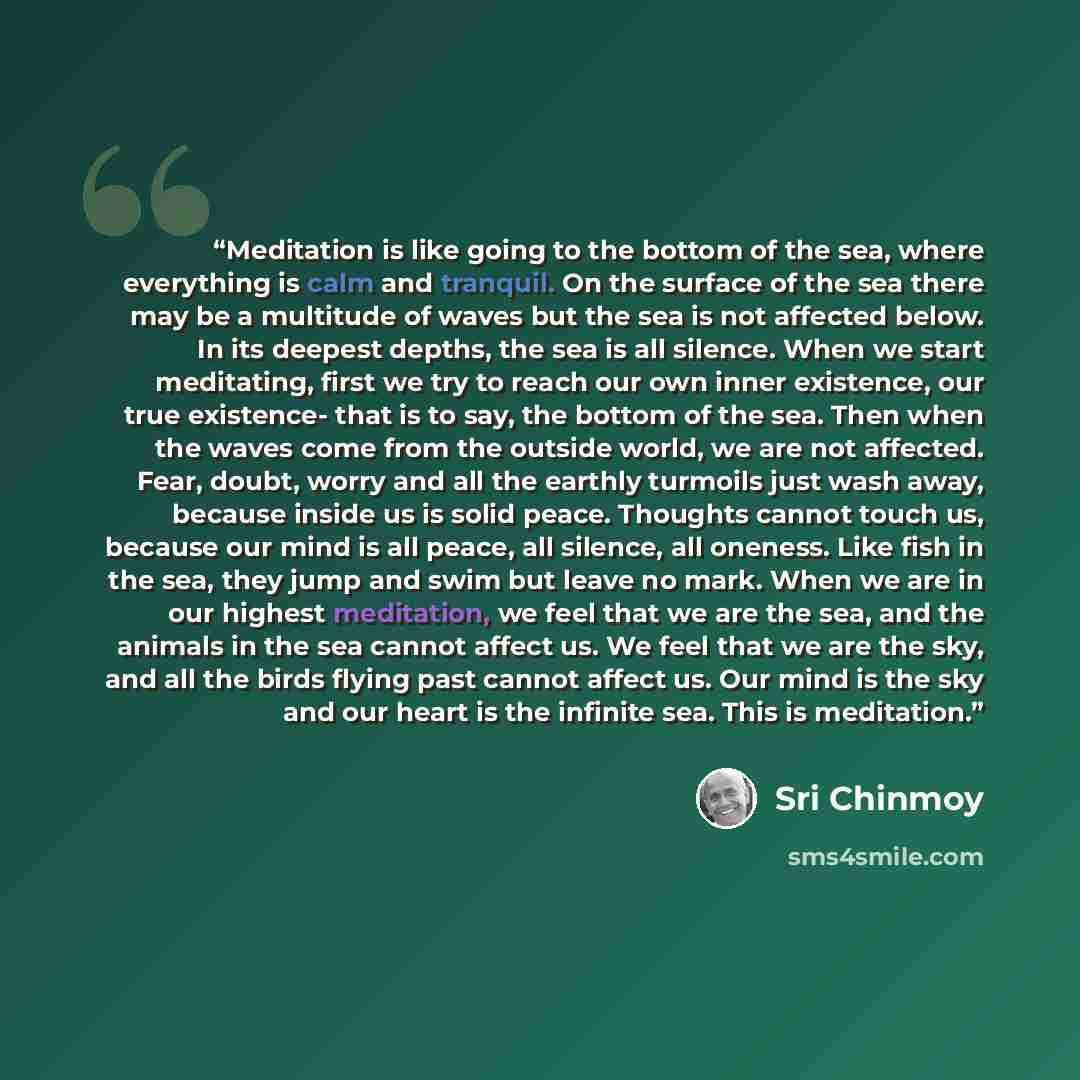 “Meditation is like going to the bottom of the sea, where everything is calm and tranquil. On the surface of the sea there may be a multitude of waves but the sea is not affected below. In its deepest depths, the sea is all silence. When we start meditating, first we try to reach our own inner…” quote by Sri Chinmoy