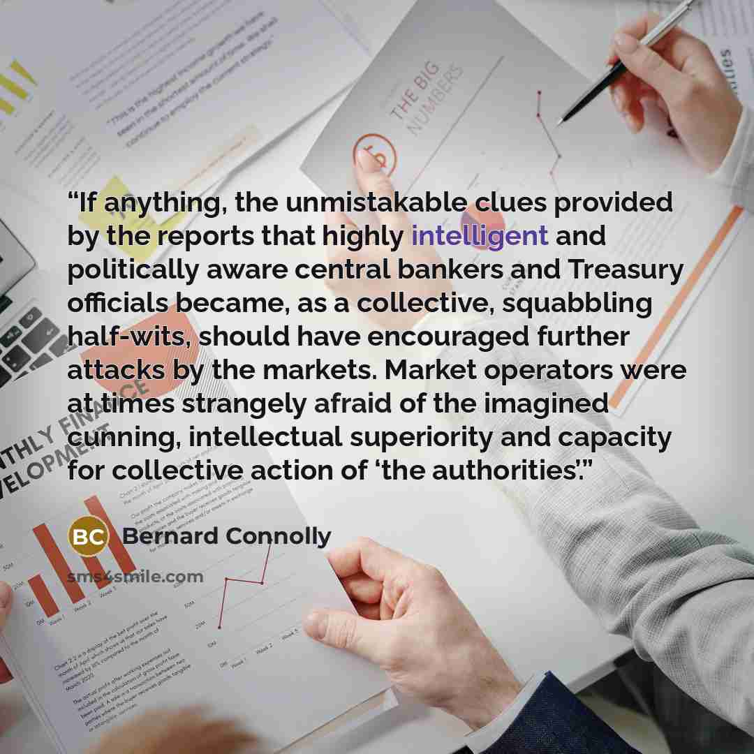 “If anything, the unmistakable clues provided by the reports that highly intelligent and politically aware central bankers and Treasury officials became, as a collective, squabbling half-wits, should have encouraged further attacks by the markets. Market operators were at times strangely afraid of…” quote by Bernard Connolly