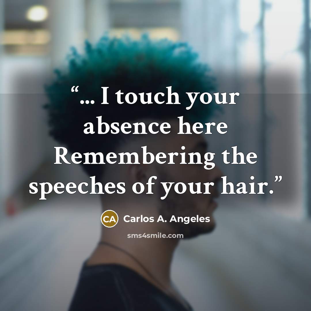 “... I touch your absence here Remembering the speeches of your hair.” quote by Carlos A. Angeles