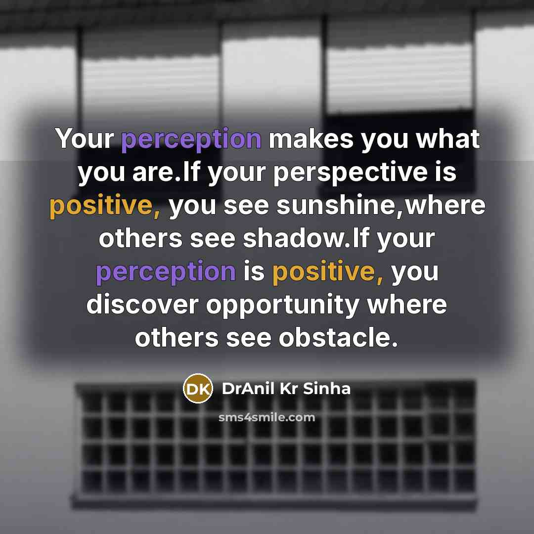 “Your perception makes you what you are.If your perspective is positive, you see sunshine,where others see shadow.If your perception is positive, you discover opportunity where others see obstacle.” quote by DrAnil Kr Sinha