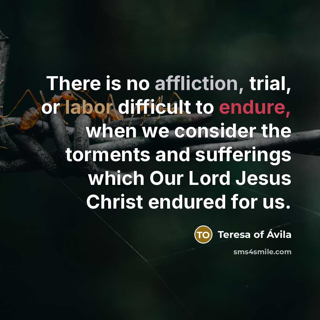 “There is no affliction, trial, or labor difficult to endure, when we consider the torments and sufferings which Our Lord Jesus Christ endured for us.” quote by Teresa of Avila