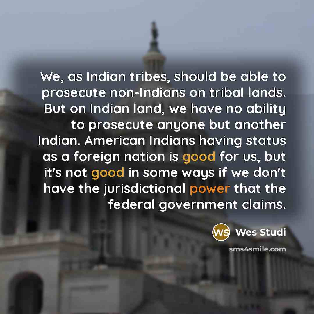 “We, as Indian tribes, should be able to prosecute non-Indians on tribal lands. But on Indian land, we have no ability to prosecute anyone but another Indian. American Indians having status as a foreign nation is good for us, but it's not good in some ways if we don't have the jurisdictional power…” quote by Wes Studi
