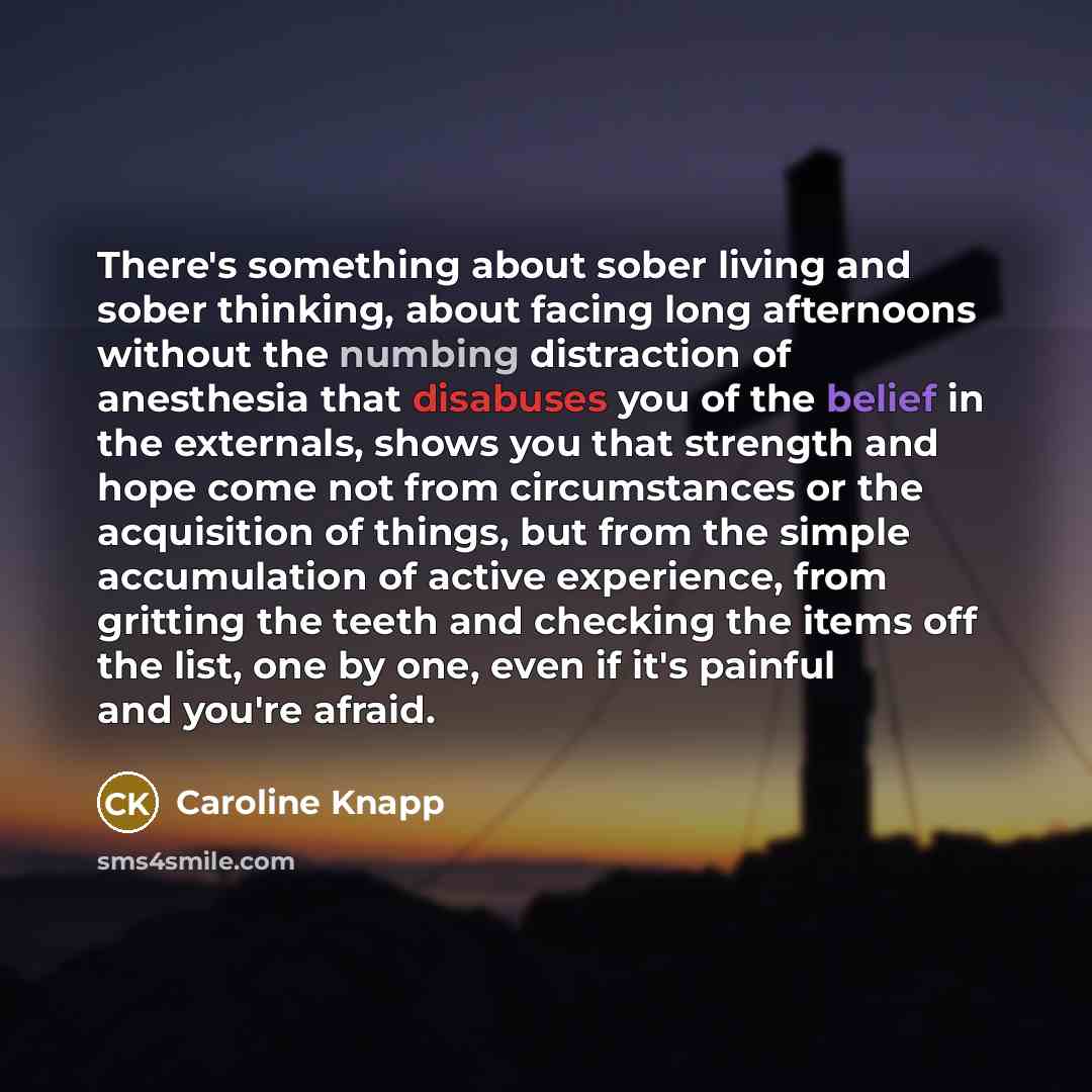 “There's something about sober living and sober thinking, about facing long afternoons without the numbing distraction of anesthesia that disabuses you of the belief in the externals, shows you that strength and hope come not from circumstances or the acquisition of things, but from the simple…” quote by Caroline Knapp
