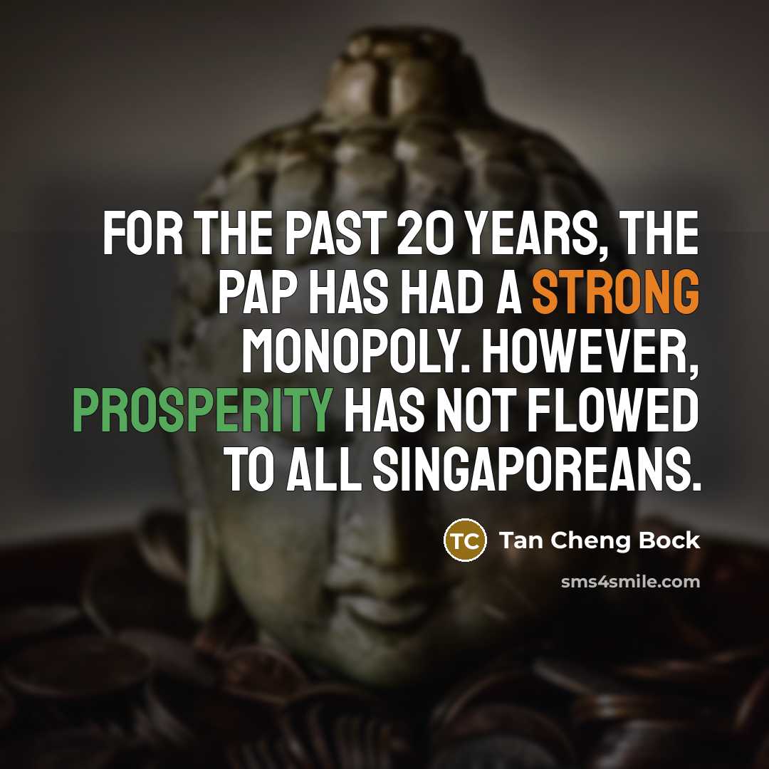 “For the past 20 years, the PAP has had a strong monopoly. However, prosperity has not flowed to all Singaporeans.” quote by Tan Cheng Bock