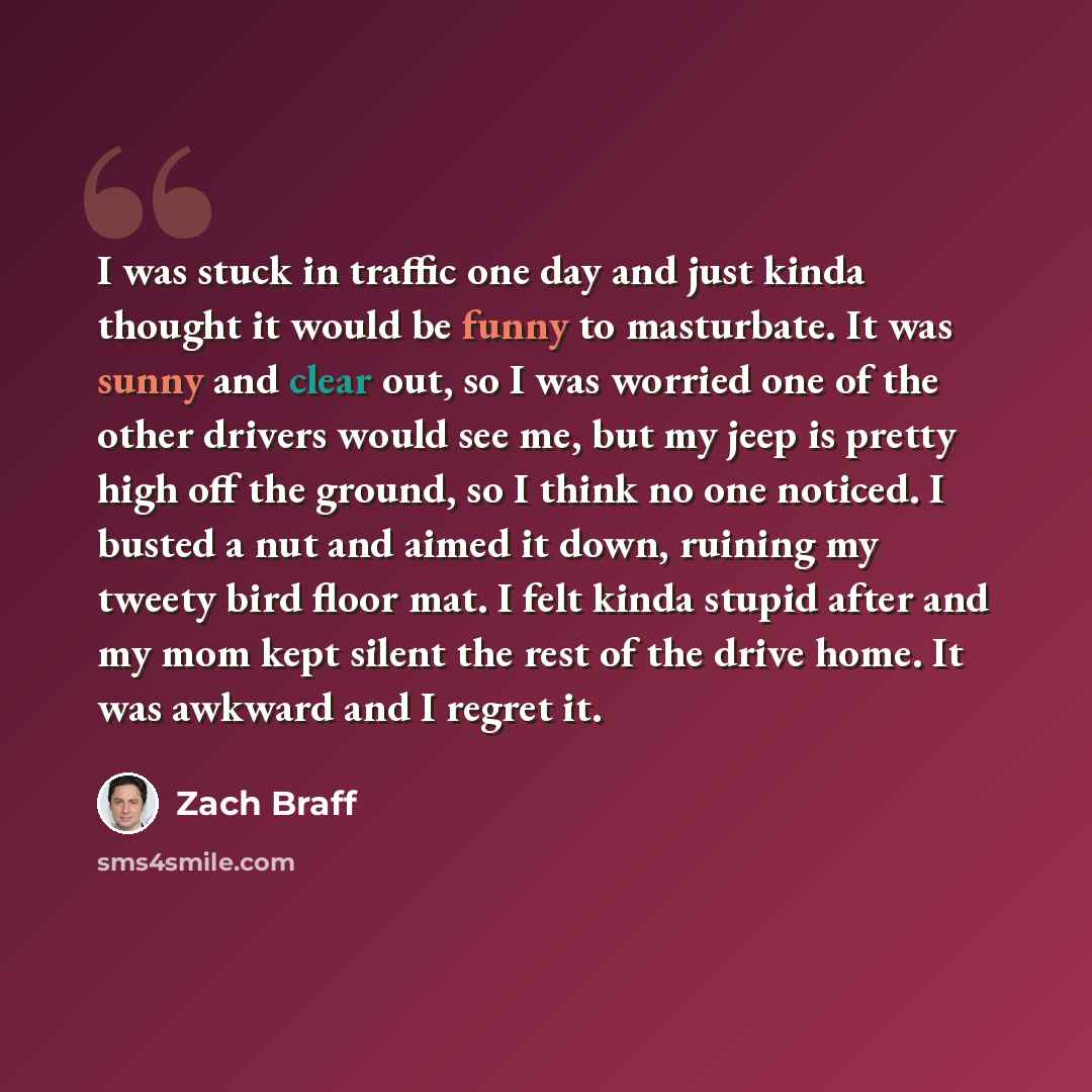 “I was stuck in traffic one day and just kinda thought it would be funny to masturbate. It was sunny and clear out, so I was worried one of the other drivers would see me, but my jeep is pretty high off the ground, so I think no one noticed. I busted a nut and aimed it down, ruining my tweety bird…” quote by Zach Braff