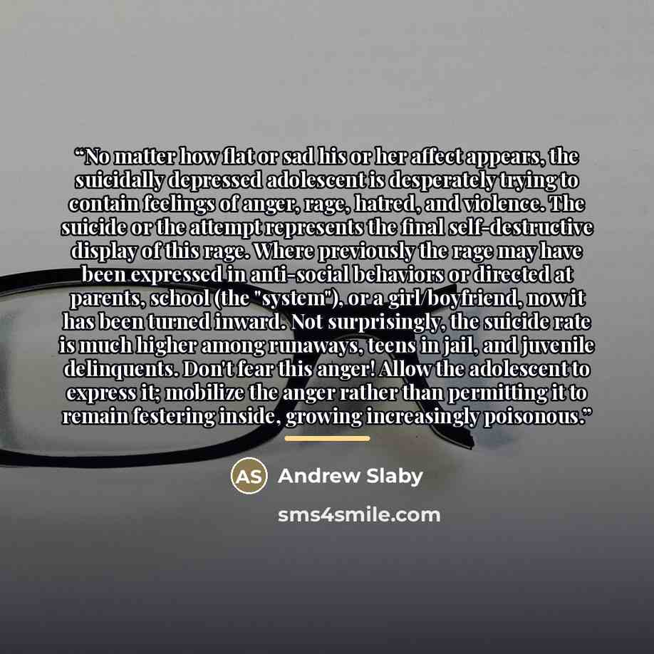 “No matter how flat or sad his or her affect appears, the suicidally depressed adolescent is desperately trying to contain feelings of anger, rage, hatred, and violence. The suicide or the attempt represents the final self-destructive display of this rage. Where previously the rage may have been…” quote by Andrew Slaby