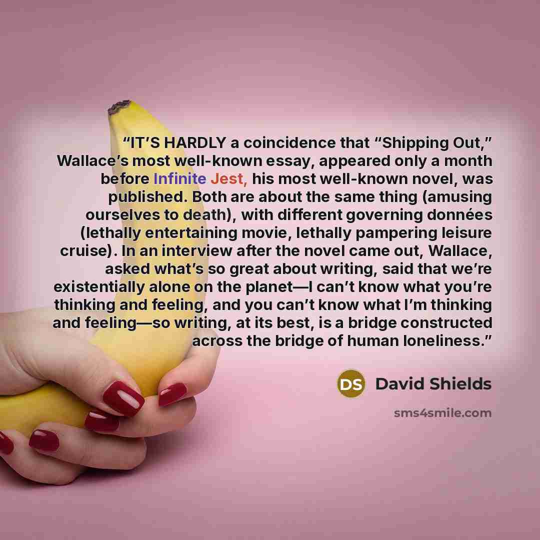 “IT’S HARDLY a coincidence that “Shipping Out,” Wallace’s most well-known essay, appeared only a month before Infinite Jest, his most well-known novel, was published. Both are about the same thing (amusing ourselves to death), with different governing données (lethally entertaining movie, lethally…” quote by David Shields