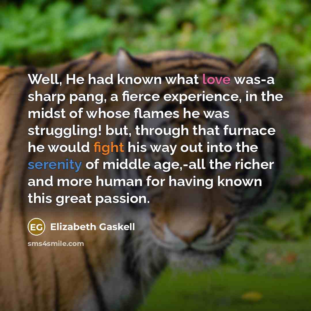 “Well, He had known what love was-a sharp pang, a fierce experience, in the midst of whose flames he was struggling! but, through that furnace he would fight his way out into the serenity of middle age,-all the richer and more human for having known this great passion.” quote by Elizabeth Gaskell