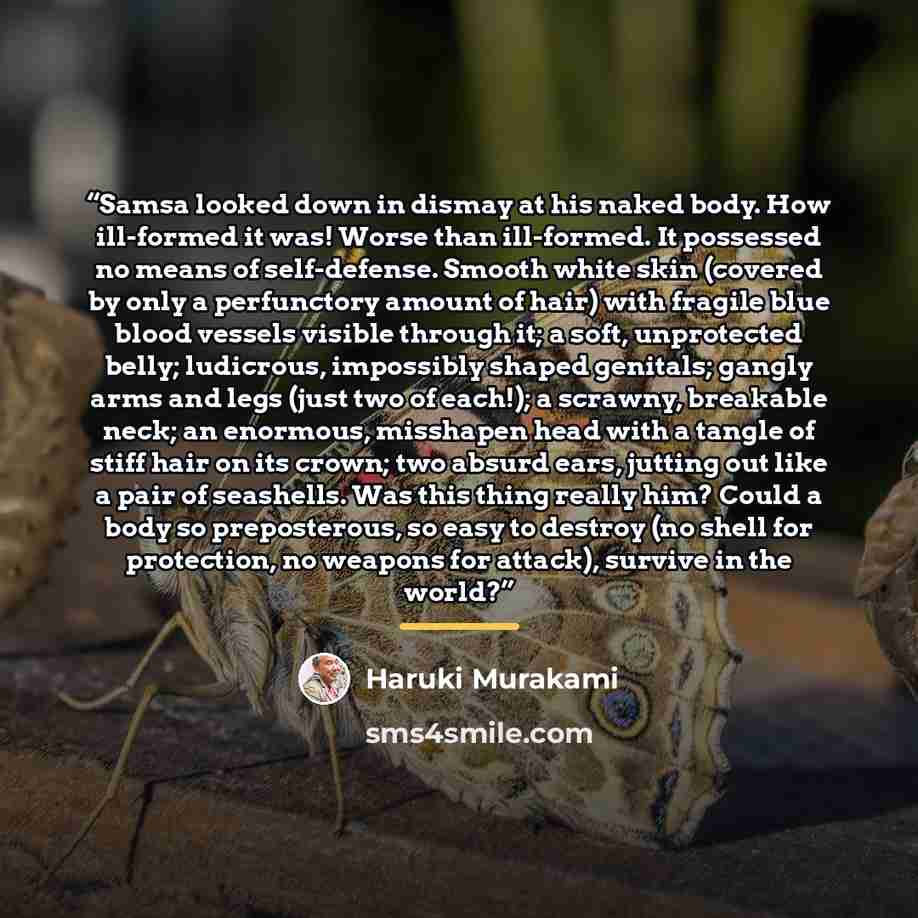 “Samsa looked down in dismay at his naked body. How ill-formed it was! Worse than ill-formed. It possessed no means of self-defense. Smooth white skin (covered by only a perfunctory amount of hair) with fragile blue blood vessels visible through it; a soft, unprotected belly; ludicrous, impossibly…” quote by Haruki Murakami